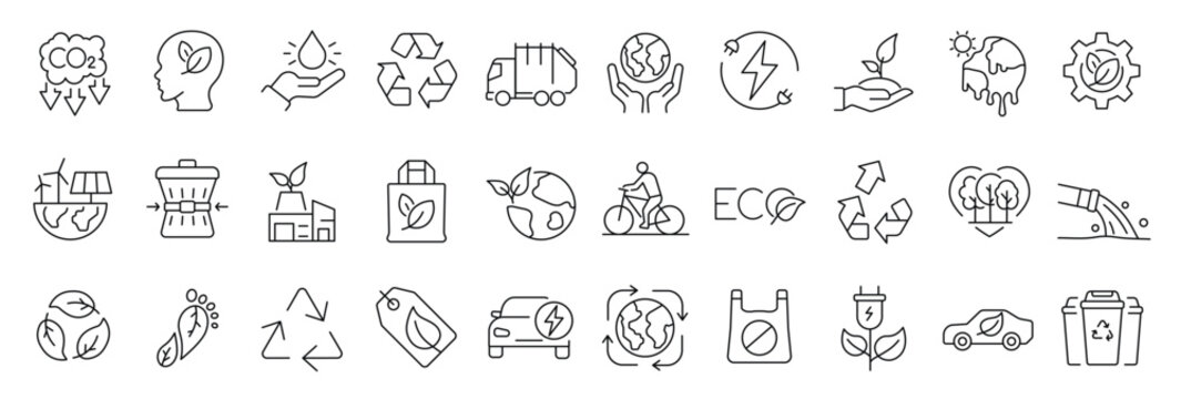 Set of 30 thin line icons related to sustainability, environmental, ecological, recyling, green, organic, industry. Linear ecology simple symbol collection.  vector illustration. Editable stroke