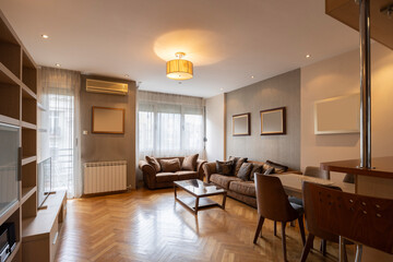 Interior of a living room with parquet floor