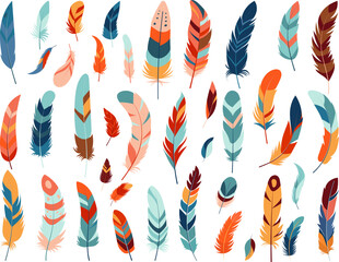 bird feathers multicolored set isolated, vector
