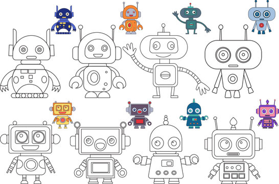 set robot coloring book isolated, vector