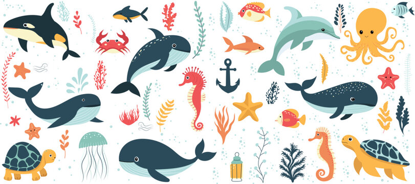 marine life set, whale, fish, dolphin isolated, vector