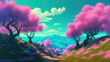 Beautiful art illustration of Sakura blossom landscape  cartoon painting style generative ai	