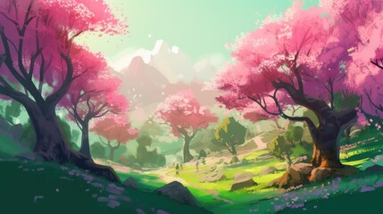 Obraz na płótnie Canvas Beautiful art illustration of Sakura blossom landscape cartoon painting style generative ai 