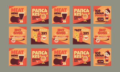 american retro style food social media post set vector flat design