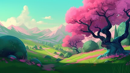 Obraz na płótnie Canvas Beautiful art illustration of Sakura blossom landscape cartoon painting style generative ai 