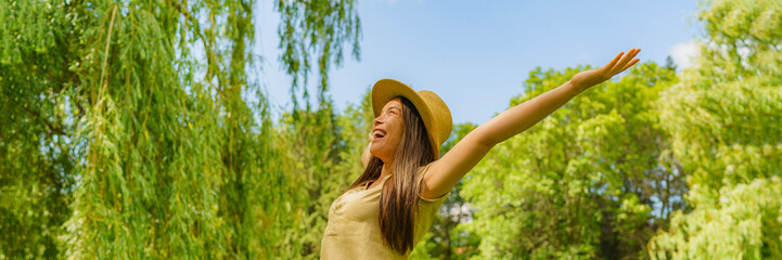 Allergy concept photo. Woman free of pollen allergy happy cheerful outdoors enjoying to be free of...