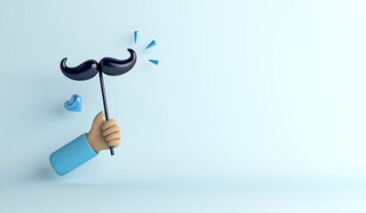 Hand holding mustache on a stick on blue background, Happy Father’s Day,  Prostate cancer awareness month, 3d rendering illustration