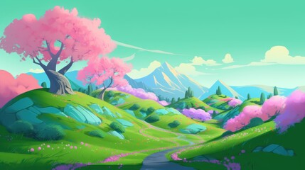 Fototapeta premium Beautiful art illustration of Sakura blossom landscape cartoon painting style generative ai 