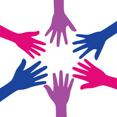 Silhouette of pink, purple, and blue colored hands as the colors of the bisexual flag. Flat vector illustration.
