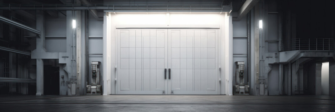 A huge white door. A huge large modern facility or warehouse for storing cutting-edge equipment. entrance to a closed area. Generative AI based.