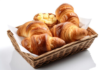 A tray of fresh-baked croissants with jam and butter 