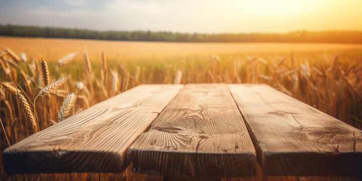 Golden ears of rye and wooden table created with generative Ai technology