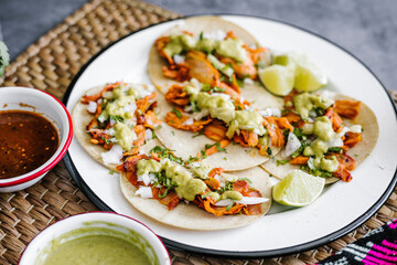 Mexican Tacos al pastor, traditional food in Mexico, top view