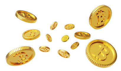 Bitcoin Scattered Gold Coins Falling 3d Coin, Cryptocurrencies explosion, Golden bitcoins, Golden Bitcoin floating 3d illustration.