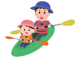 カヌー　カヤックを漕ぐ親子2　イラスト