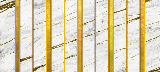 White marble strip tiles with golden scratched brushed metal lines 