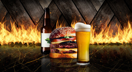 Bear bottle, glass and burger on a marble top with a flaming background