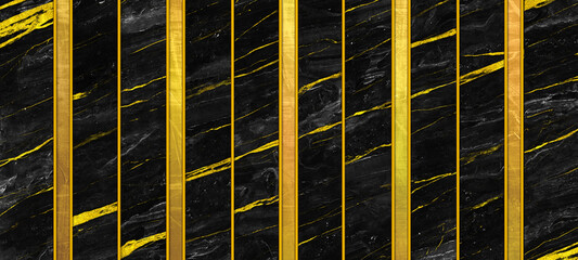 Black marble strip tiles with golden scratched brushed metal lines 