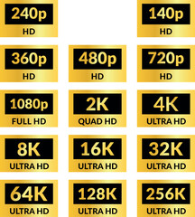 4K 2K 8K 1080p 720p 16K UHD Quad HD Full HD and HD resolution presentation nameplates of gold and silver gradient color on black background. TV or mobile symbols and icons of different colors. Vector 