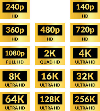 4K 2K 8K 1080p 720p 16K UHD Quad HD Full HD and HD resolution presentation nameplates of gold and silver gradient color on black background. TV or mobile symbols and icons of different colors. Vector 