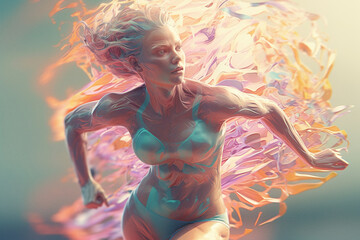 Stunning illustration of a woman with pastel colored fractal following elements. Creative generative art
