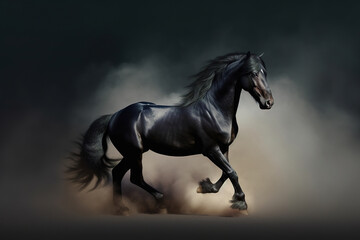 Naklejka na ściany i meble Gorgeous horse galloping through the clouds of smoke and dust, stunning illustration generated by Ai