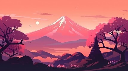 Beautiful landscape with mountain peak and cherry blossom trees in pink colors generative ai