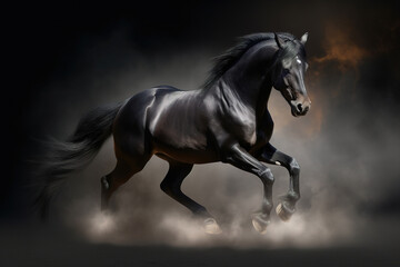 Obraz na płótnie Canvas Gorgeous horse galloping through the clouds of smoke and dust, stunning illustration generated by Ai