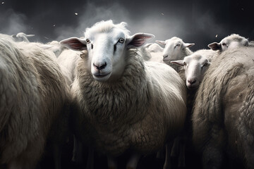 Portrait of a sheep in the middle of herd, dramatic photorealistic illustration generated by Ai