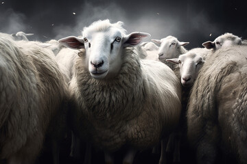 Fototapeta premium Portrait of a sheep in the middle of herd, dramatic photorealistic illustration generated by Ai