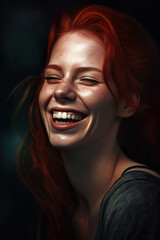 Stunning cheerful red-haired woman, photorealistic portrait. Generative art