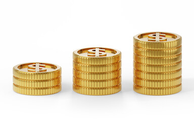 Stacks of golden coins isolated on, saving ideas and financial growth financial goal concept, Coin stacks on a white background 3d render illustration.