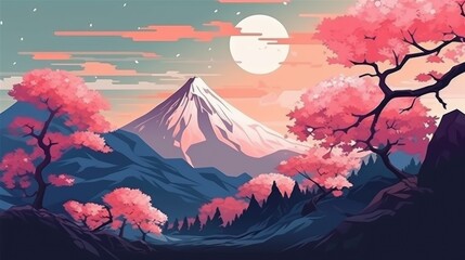 Beautiful landscape with mountain peak and cherry blossom trees in pink colors generative ai