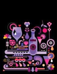 Colour design isolated on a black background Cocktail Making vector illustration. Creative mix of cocktail glasses with fruit slices, bottles of alcohol drink and abstract decorative elements.