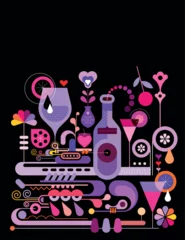 Keuken foto achterwand Abstracte kunst Colour design isolated on a black background Cocktail Making vector illustration. Creative mix of cocktail glasses with fruit slices, bottles of alcohol drink and abstract decorative elements.