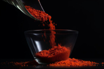 ground cayenne pepper pouring into glass bowl