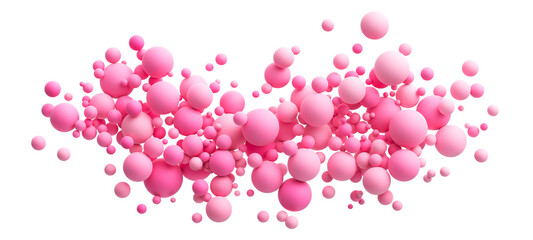 Pink random flying spheres composition isolated on transparent background for Happy Valentine's day or love concept. Pink matte soft balls for romantic postcard, flyer, banner or invitation. PNG file
