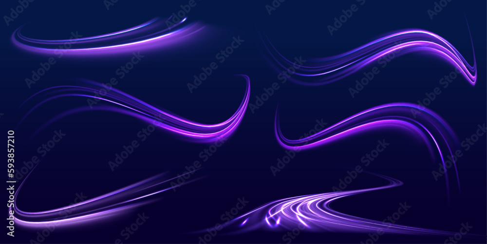 Poster light dynamic effect. curve light effect of purple line. luminous blue circle.