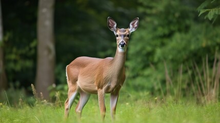 Naklejka na ściany i meble Photo of young deer look in camera in the park wildlife. Green meadow at forest. Generative ai