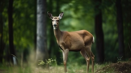 Naklejka na ściany i meble Photo of young deer look in camera in the park wildlife. Green meadow at forest. Generative ai