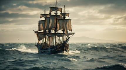 Obraz premium Landscape of a storm in the sea. Dramatically ominous sky with moon. A large sailboat on huge waves. Generative AI