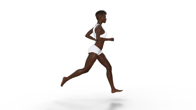 Running dark-skinned woman in sports bikini side view on a black white background 3d render Seamless Loop Animation