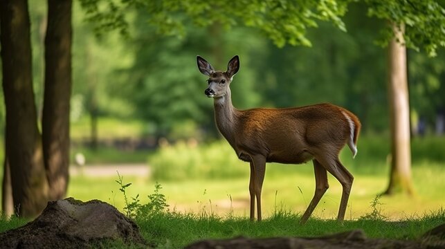 Photo of young deer look in camera in the park wildlife. Green meadow at forest. Generative ai