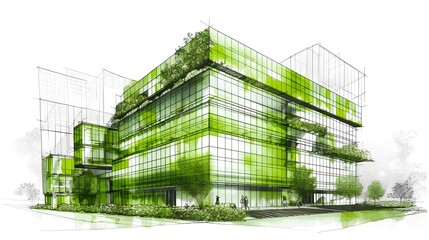 Sustainable office building sketch showcasing green roofs, energy-efficient windows, and green facade - Generative AI - obrazy, fototapety, plakaty