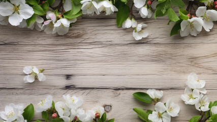 White cherry blossom sakura flowers and leaf Border surrounding on a light green Wooden Tabletop, Highlighting the Soft and Selective Elements of Flower Border Art. Generative ai
