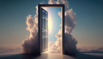 Opened door to heaven with clouds in the sky. 3D rendering