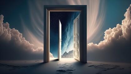 Opened door to heaven with clouds in the sky. 3D rendering