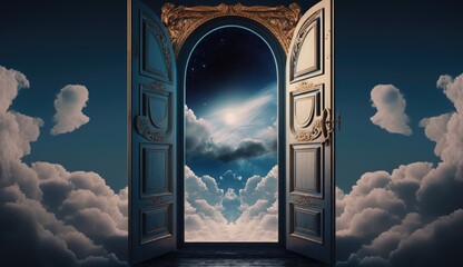 Opened door to heaven with clouds in the sky 3D rendering