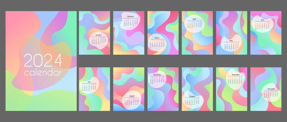 Fototapeta premium Abstract A4 calendar 2024 trendy colorful gradients spots. Cover and 12 monthly pages. Week starts on Sunday, vertical A3 A2 A6 formats. Isolated on gray back.