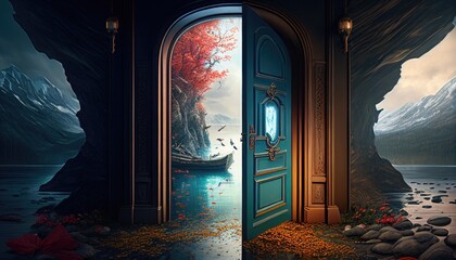 Door to the sea. 3D illustration. Fantasy landscape.